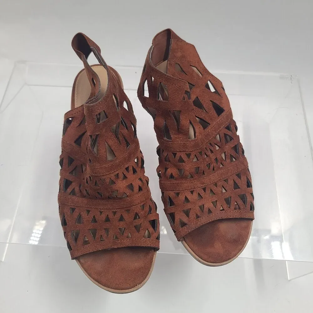 American Eagle Laser/Die Cut Brown Raquel Block Heel Open Toe Sandal Womens 8W